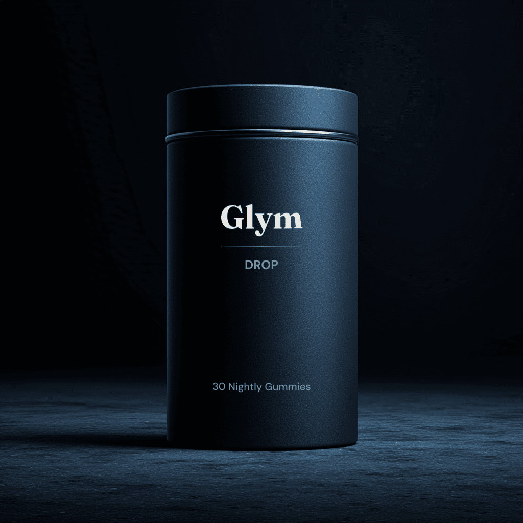 Glym Drop — a matte navy tin of 30 nightly sleep gummies